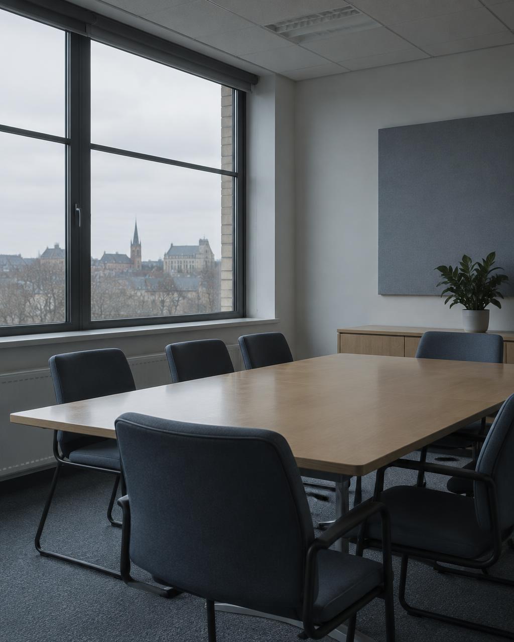 Empty meeting room with a plain table and daylight from a tall window