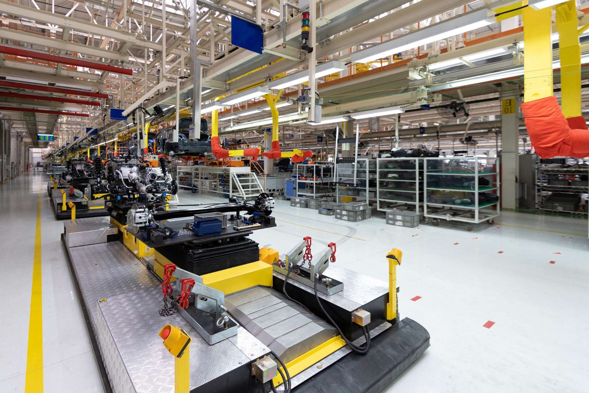 Vehicle assembly line inside a modern factory