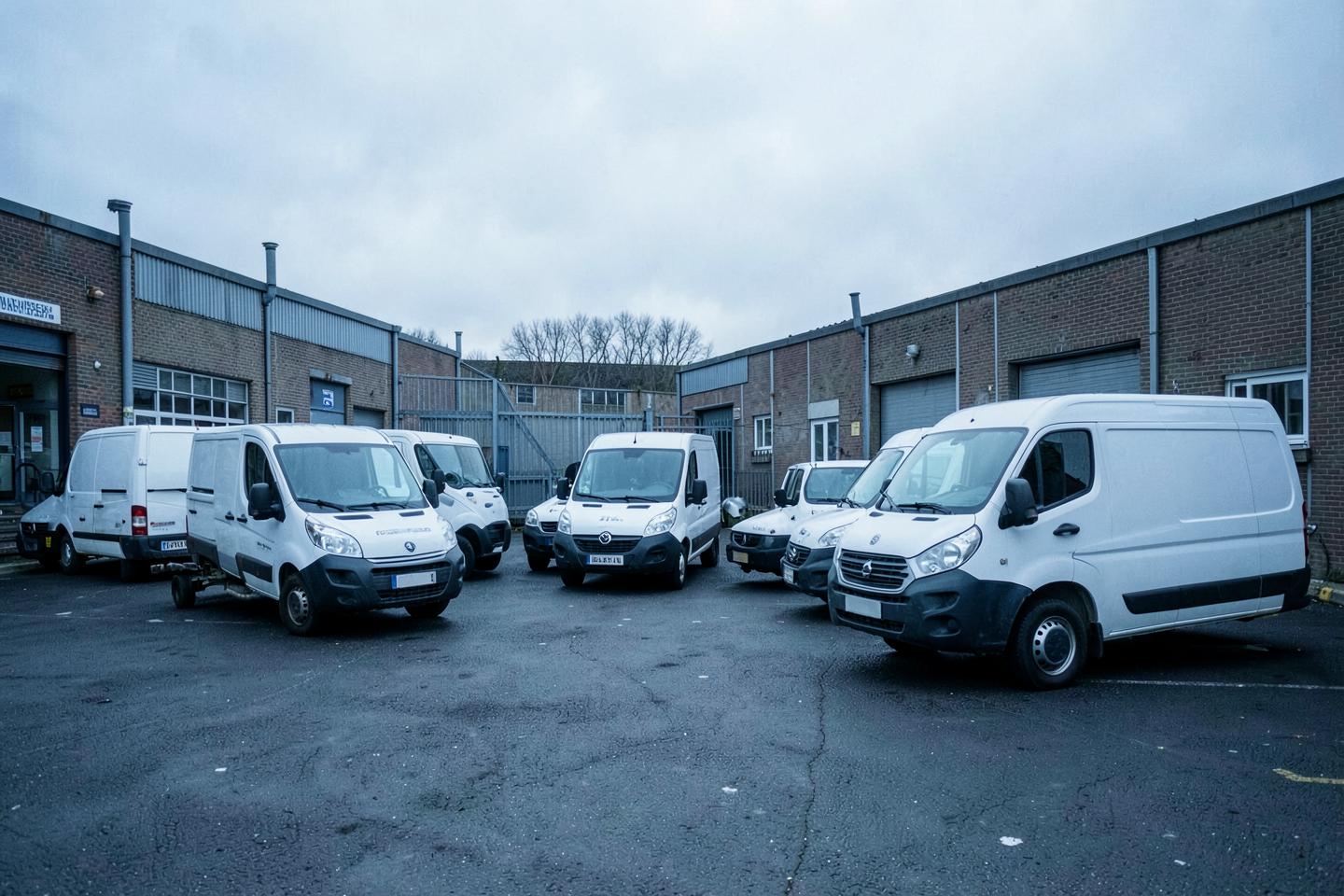 Plain white delivery vans parked in an industrial estate yard