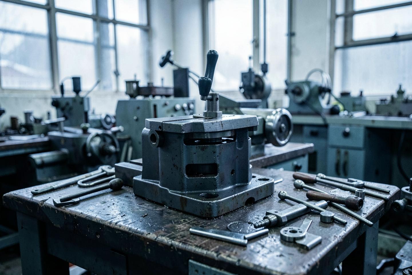 Metal lathe and precision tools on a workbench in a machine shop