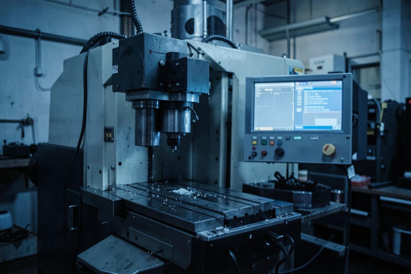 CNC milling machine with a lit control screen in a workshop