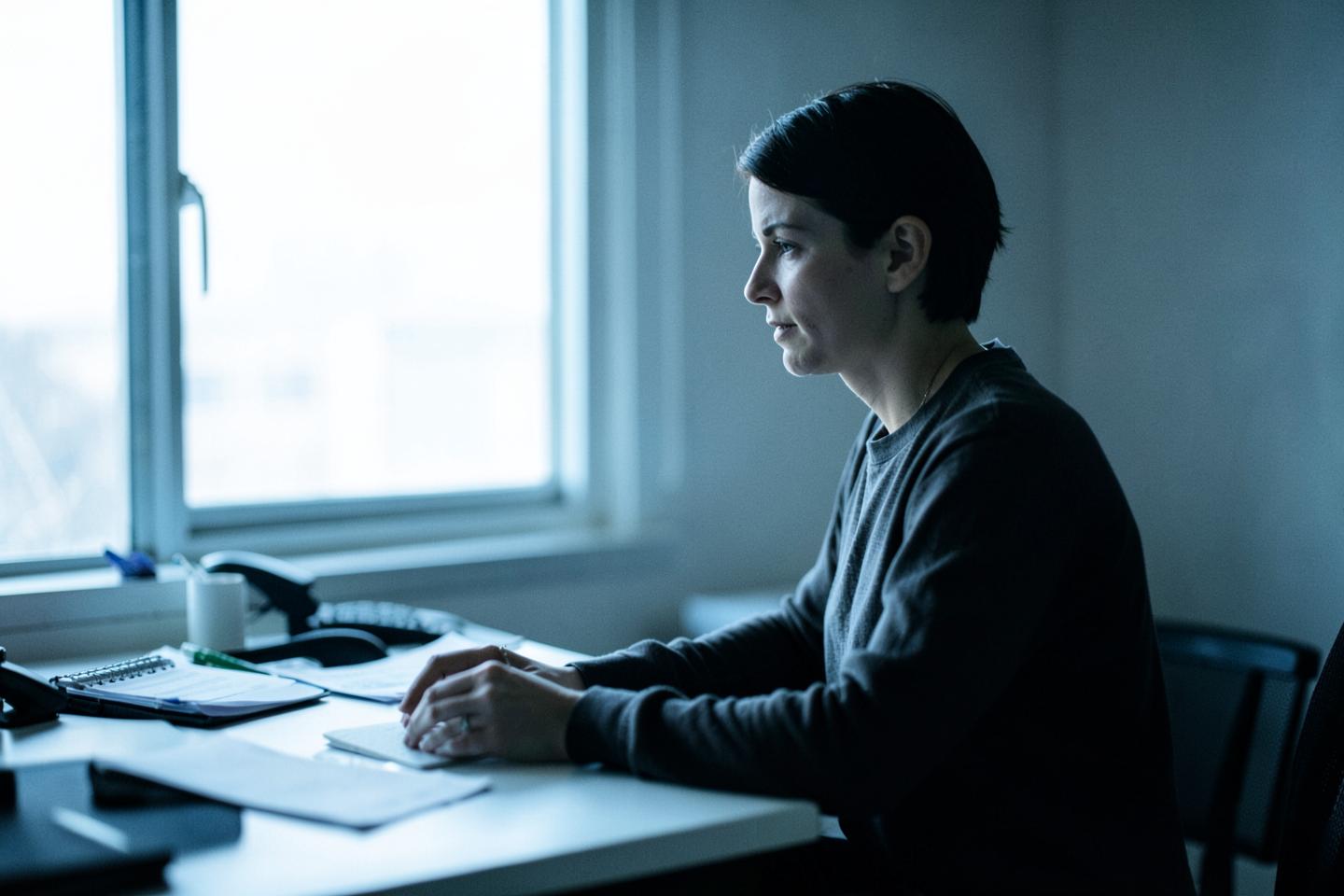 A manager working in profile at a desk beside a window