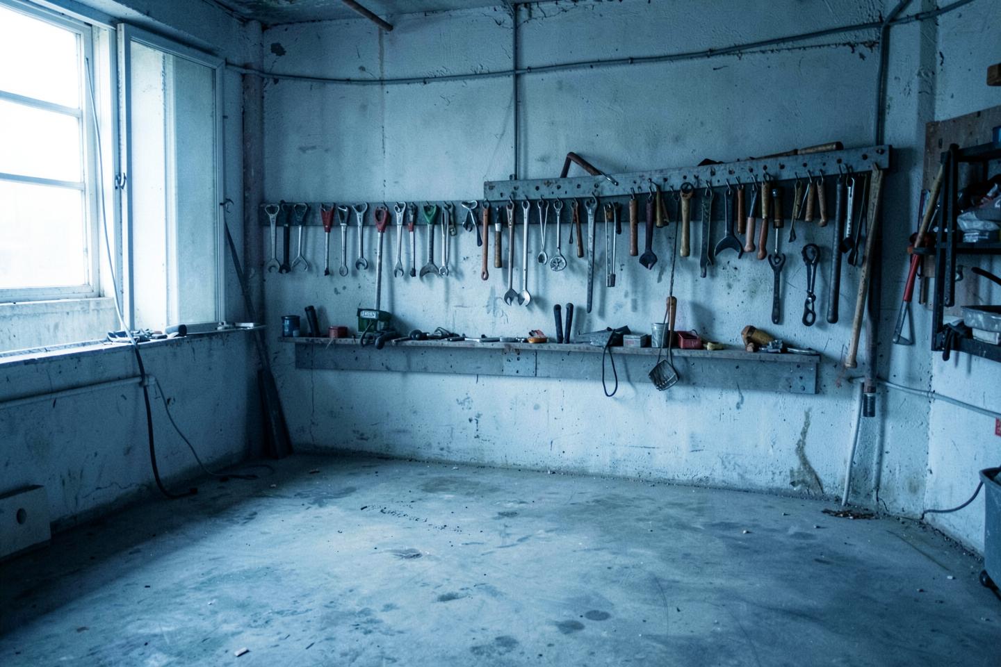 Empty workshop with hand tools hung on a wall rack