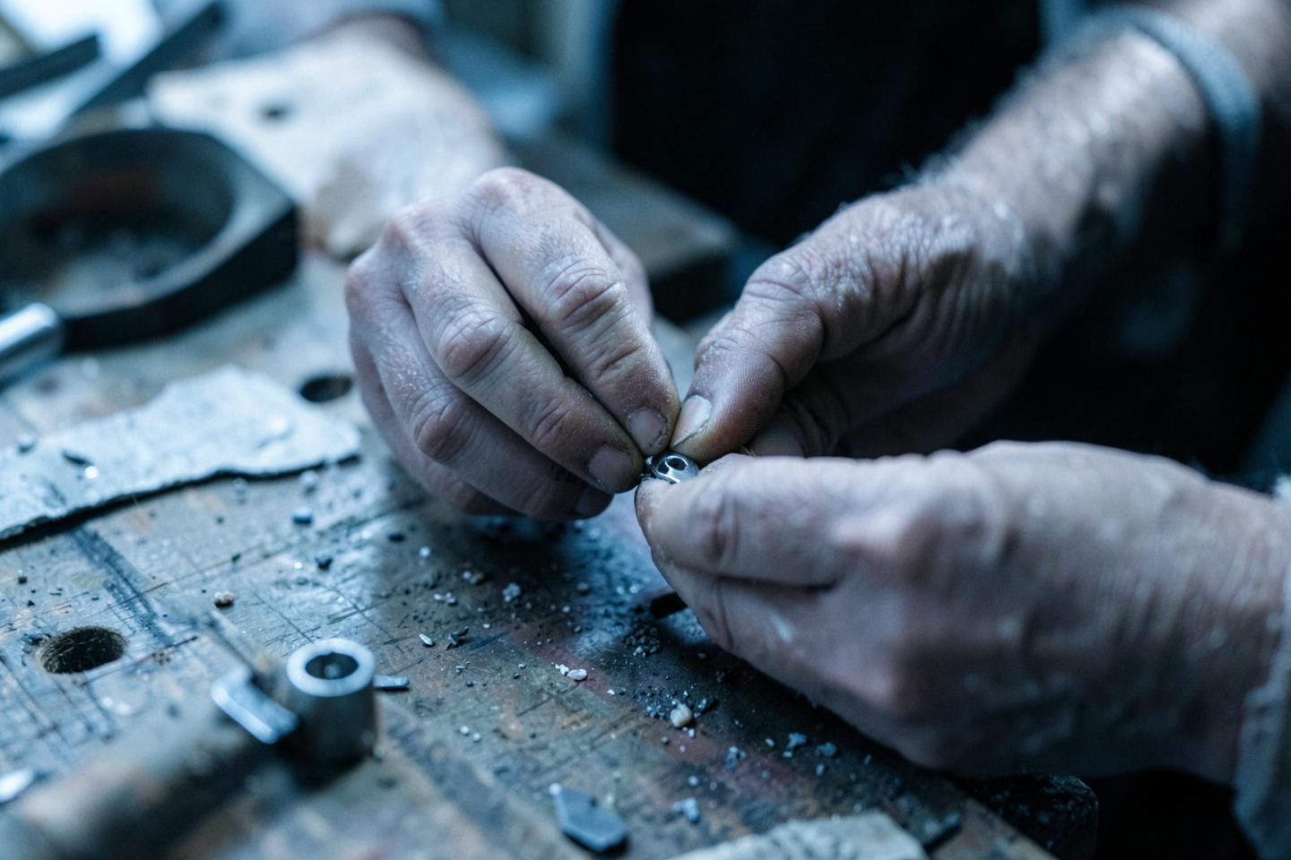 Close view of a craftsperson's hands fitting a metal component