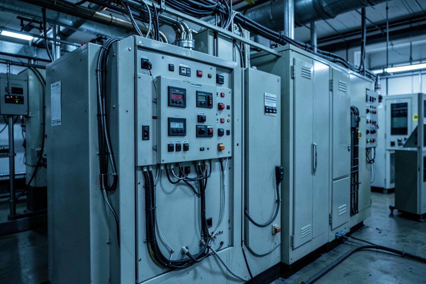 Industrial control cabinets and routed cabling inside a factory